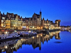 vessels, antique, nigh, crane, River, motlawa, Panorama of Gdansk, houses