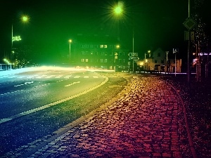 Street, Houses, Night, lanterns, Street, Pavement, glamour, turn