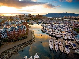 west, Houses, sun, Mountains, River, Mooring, reflection, Yachts