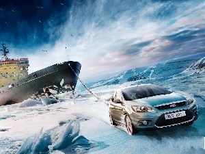 Automobile, Ice-breaker, sea, graphics, Ford, Ship