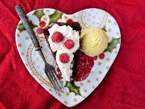ice, raspberries, knob, cake, plate, cream