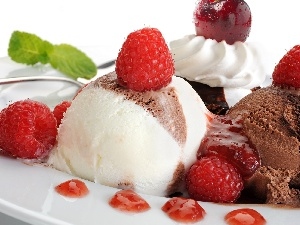 ice cream, raspberries, dessert