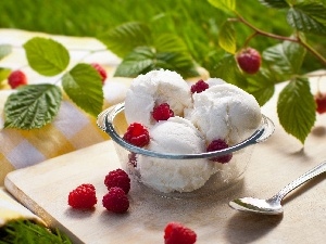 Raspberries, ice cream