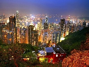 illuminated, clouds, Hong Kong, Town, skyscrapers