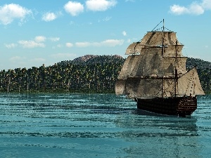 Island, sailing vessel, sea