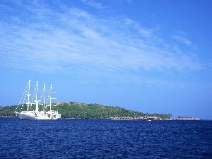 Island, sailing vessel, sea