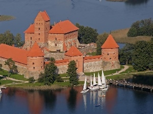 Yachts, Island, Galve, Lithuania, Castle, Trakai, lake