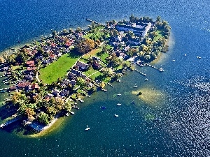 Islet, lake, Germany, Aerial View, Bavaria