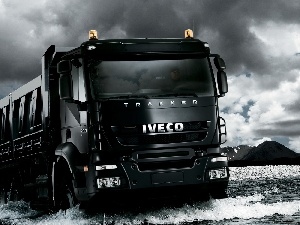 Iveco, dump truck, River, Sky