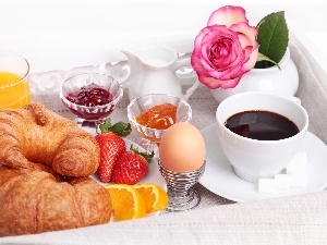 Jam, coffee, croissants, breakfast, egg