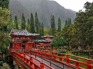 Japan, temple, Mountains, bridge