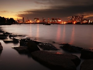 Japan, Great Sunsets, sea, Stones