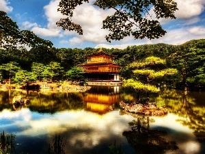 Japan, forest, water, house