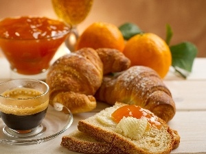 jelly, croissant, coffee, orange, bread