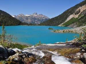 Joffre, Mountains, woods, lake, Canada, rocks