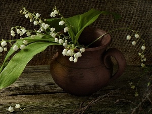 jug, earthen, wooden, lilies, Table