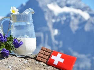 jug, chocolate, Mountains, Flowers