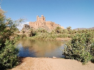 Kasbah, water, green, Castle, Maroko, ruins
