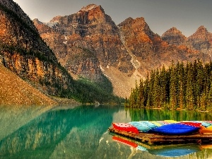 Kayaks, River, rocks, Mountains, forest