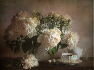 cup, kettle, Peonies