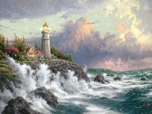 Thomas Kinkade, Coast, maritime, sea, Waves, Sky, Lighthouse