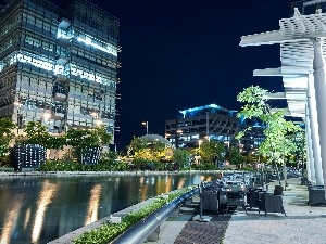 Hong Kong, River, boulevard, skyscrapers, China, Night