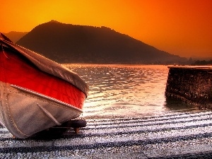 lake, mountains, west, Boat, sun