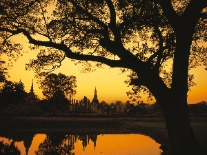 lake, trees, Cambodia, structures
