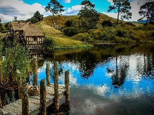 lake, Platform, Old car, Windmill