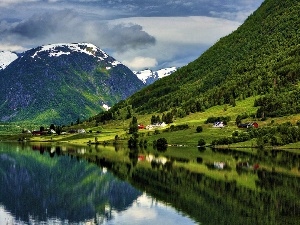 forest, lake, Mountains