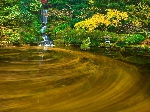Garden, lake, waterfall