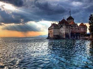 flash, ligh, clouds, Przebijaj?ce, Geneva, sun, Castle, Chillon, luminosity, lake