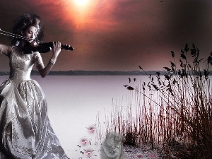 lake, violin, graphics, Women