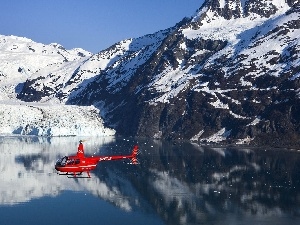 Helicopter, lake, Mountains