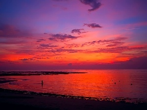 lake, red, west, Human, sun