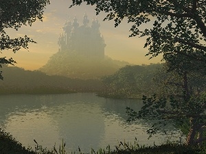 lake, forest, landscape, Castle