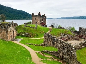 lake, by, Scotland, Lochness, ruins