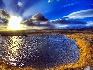 lake, clouds, dawn, medows, dark