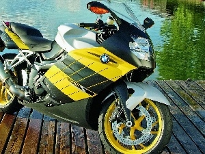 lake, BMW, Yellow, motor-bike