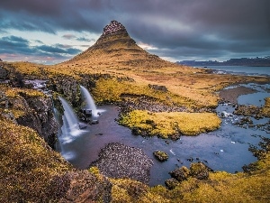 iceland, lake, waterfall, mountains