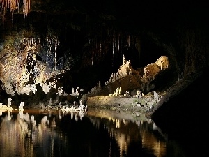 rocks, lake, cave
