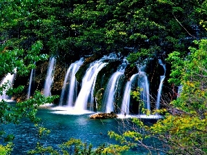 lake, viewes, waterfalls, trees