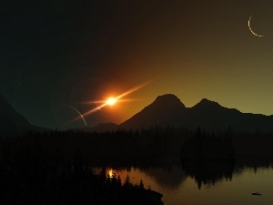 lake, Mountains, west, sun