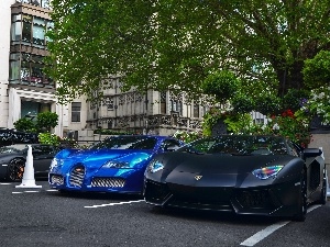 Lamborghini Aventador, Black, blue, Bugatti Veyron