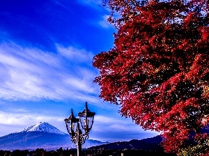 Lamp, trees, mountains, Japan, Fuji