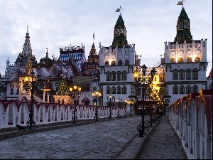 Lamps, glowing, Castle, bridge