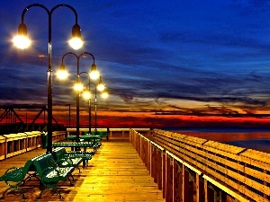 Lamps, illuminated, pier, bench