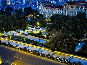 Night Landscape, trees, viewes, Houses, Baku, square