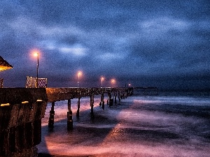 lanterns, Night, pier, sea