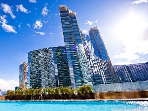 Las Vegas, sun, skyscrapers, clouds